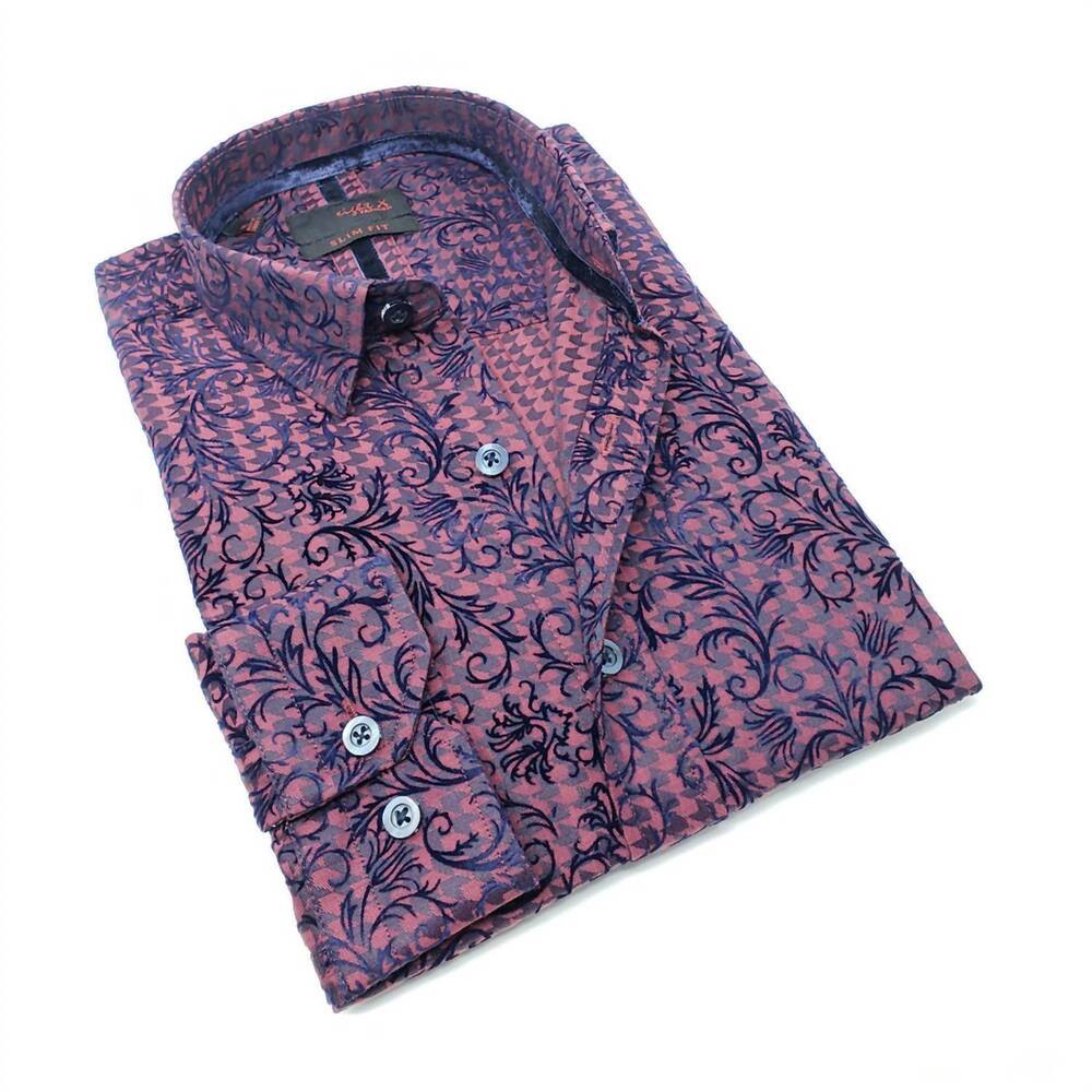 NEW EIGHT X men's hounds tooth button down shirt with flocking in red